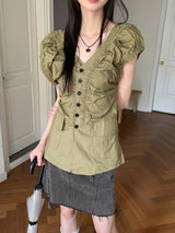 Blong V-Neck Shirring Pleated Puff Short-Sleeved Blouse