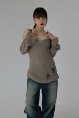 リボンオープンショルダーニット / Ribbon Open Shoulder Knit (4color)