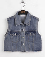 Lamento Denim Collar Pocket Cropped Vest