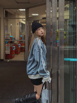 (UNISEX) ダメージ配色ラインデニムジャケット