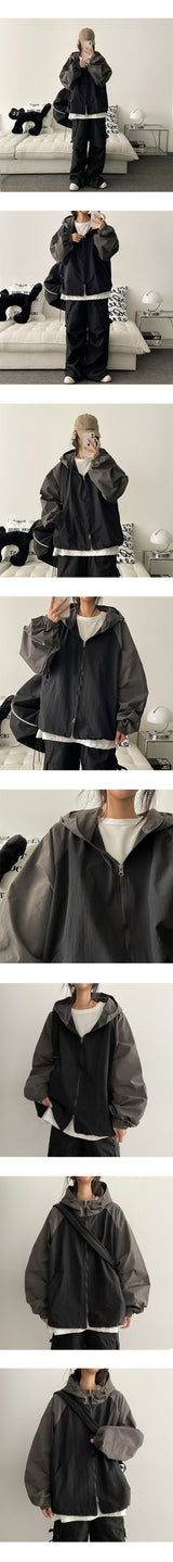 Pingdi Raglan Coloring High-Neck Hooded Windbreaker Two-Way Jumper
