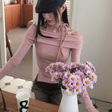 Roan fleece strap slit off-shoulder long-sleeved T-shirt