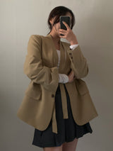 [Tie set] Oversized Collarless Jacket Belt Jacket Loose Fit V-Neck Seasonal Switch Spring Outerwear