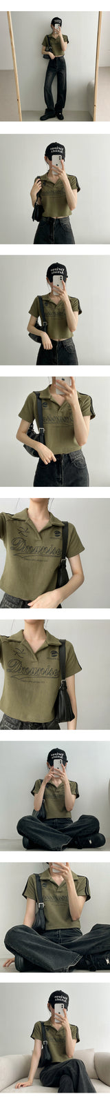 デノカラードラインカラークロップドショートスリーブTシャツ / deno colored line collar cropped short sleeve T-shirt