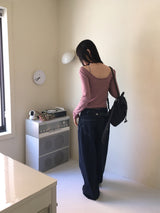 GtelヴィンテージストライプディープUネック長袖Tシャツ