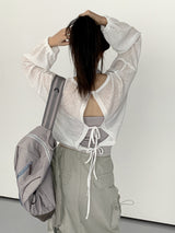 シースルー バックリボン ビーチウェア リネン 長袖 カーディガン/ Fyuber See-Through Back Ribbon Beachwear Linen Long-Sleeved Cardigan