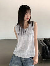 ストライプボタンベストノースリーブブラウス / Banet Stripe Button Vest Sleeveless Blouse
