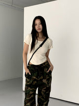 ポッケルヒップカモミリタリーバンディングワイドカーゴパンツ/ Pockel Hip Camo Military Banding Wide Cargo Pants