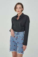 ストレートフィットチェリー刺繡クロップドデニムパンツ/ STRAIGHT FIT CHERRY EMBROIDERY CROPPED DENIM PANTS [6811]