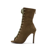 Suede Lace-Up Open Toe Heel(Khaki)