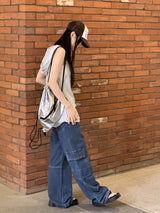 スクエアサイドストリングロングフードノースリーブシャツ / square side string long hooded sleeveless shirt