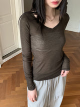 オープンバックシースルースリムVネックロングスリーブTシャツ