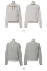ハーフボタン襟付き配色ニット (4color)