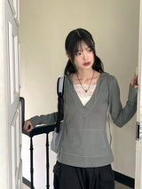 Rti Vintage V-neck Lace Hooded Long Sleeve T-shirt