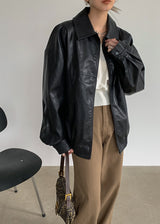 [MADE] Spread Collar Loose Leatherette Jacket