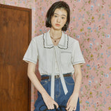 ステッチ タイ カラー ブラウス / [LINE] Stitch Tie Collar Blouse