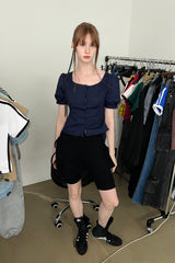 PUFF BUTTON BLOUSE (NAVY)