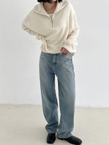 リブハーフジップアップニット/Ribbed Half Zip Up Knit (4color)