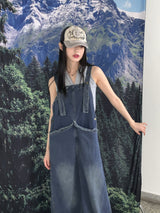 モンドナーフリンジポケットサスペンダーバックオープンロングデニムワンピース / Mondner Fringe Pocket Suspenders Back Open Long Denim Dress