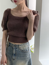 ロミエンパフスクエアバックリボン半袖ニット / Romien Puff Square Back Ribbon Short-Sleeved Knit