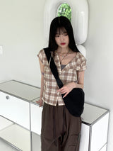 テユストリングシャーリングリネンチェックフードシャツカミス / Teyu String Shirring Linen Check Hooded Shirt Camis