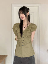 Blong V-Neck Shirring Pleated Puff Short-Sleeved Blouse