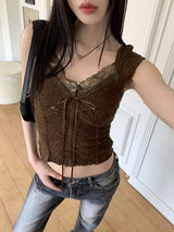 Camnes lace cut embossed cap sleeve short sleeve T-shirt