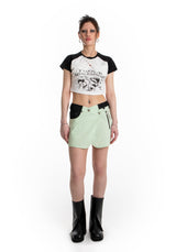 アシメトリックボタンミニスカート / ASYMMETRIC BUTTON MINI SKIRT (MIXED FABRIC)