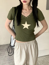 ヒッシャーY2Kスターアイレットフード半袖Tシャツ / Hisher Y2K Star Eyelet Hooded Short Sleeve T-shirt