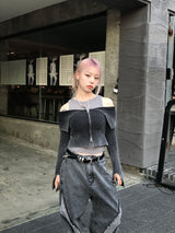グランジウォッシングオフショルダークロップ2wayジップアップ