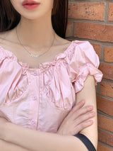 Blang shirring button puff crop short-sleeved blouse