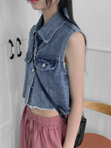 Lamento Denim Collar Pocket Cropped Vest