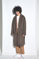 STRIPE COMBINATION WOOL ROBE COAT (Brown) / ストライプコンビネーションウールローブコート