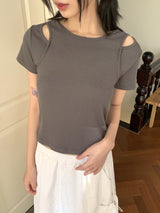 Picto layered shoulder split short sleeve T-shirt