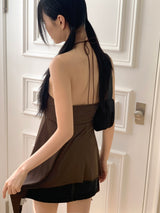 Roffin brown halter beaded shirring unbalanced tube top