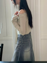 [Scape set] Kenin Shirring Pleated Off-Shoulder Crop Long-Sleeved T-shirt