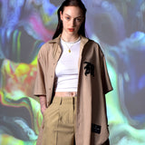 [UNISEX] Logo Applique Linen-Blend Baseball Shirt (Camel)