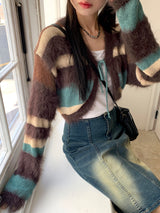 Rules angora fur color combination striped knit cardigan