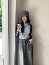 シマナグランストラップカラーコンビネーションクロップドフードTシャツ
