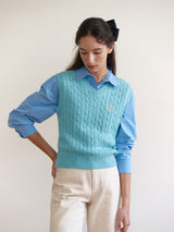 V NECK CABLE KNIT VEST BLUE