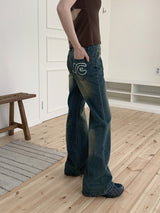 インフィレトロウォッシュインシジョンヒッププリントブーツカットデニムパンツ/Infi Retro Washing Incision Hip Printing Bootcut Denim Pants