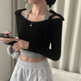 [Sleeveless Purchase Window] Cream Rose, Ribbon Lip Neck Cropped T-shirt + Halter Sleeveless Set-up - 4 colors