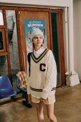 ブラウンCワッペン ミントラインVネックニット・アイボリー［ユニセックス］/ Brown C Patch Mint Line Ivory Unisex V-Neck 