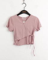 Juri Ruffle Ribbon Wrap Strap Cropped Short Sleeve T-shirt