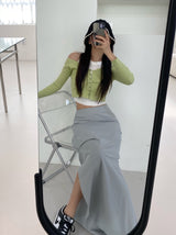 アンフッテッドシャーリングスリットロングスカート / Unfooted shirring slit long skirt
