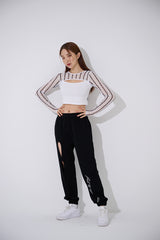 ラインブラックホールメッシュクロップTシャツ / TOP(9369) Line Black Hole Mesh Crop Tee