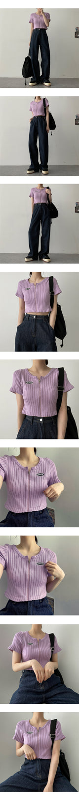 ピーチリブドエンブロイダリーラウンドショートクロップドジップアップ / Peach's Ribbed Embroidery Round Short-Sleeved Cropped Zip-up