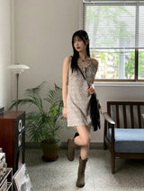 ルーツフラワーシャーリングリボンキャミミニワンピース / Roots Flower Shirring Ribbon Sleeveless Mini One Piece