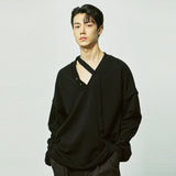 vネックレイヤードストリングピアススウェット / v-neck layerd string pierced mtm black