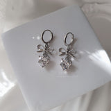 [IU Piercing] Dainty Heart Crystal and Ribbon Huggies Piercing - Silver Color
